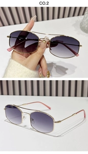 Detail of metal double bridge sunglasses with gradient purple hexagonal lenses and tips
