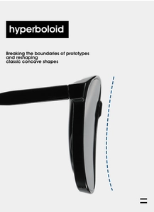 Detail view of stylish cat-eye sunglasses featuring unique hyperboloid frame and concave lens
