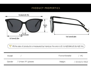 Detailed size specifications for black cat-eye sunglasses with PC frame and gold leg tips