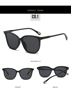 Detail views of oversized cat-eye sunglasses with unique water-drop hollow temple tips