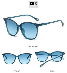 Detailed views of blue cat-eye sunglasses with gradient lenses and transparent frames