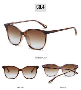 Detailed views of tortoiseshell oversized cat-eye sunglasses with brown gradient lenses