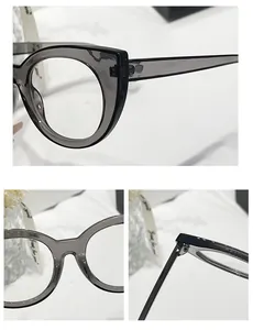 Macro detail of cat-eye frame hinges and bridge on transparent grey glasses