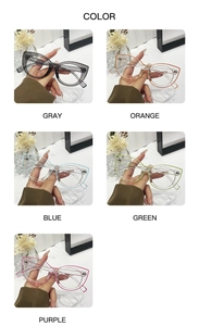 Cat eye eyeglass frames in gray, orange, blue, green and purple colors for women