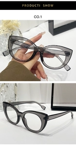Detail view of transparent grey cat-eye frames showing modern side structure and material