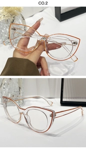 Detail of transparent cat-eye glasses frame with orange-brown linear accents