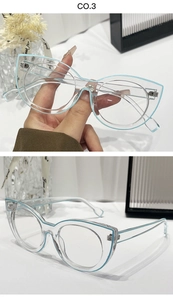 Detailed view of cat eye transparent glasses with blue light blocking lenses and blue accents