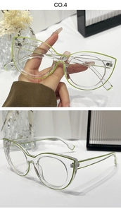 Detail of transparent cat-eye frame with light green line accents and silver hinges