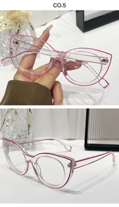 Detailed view of cat eye glasses frame with rose pink inner lines and CO.5 model marking