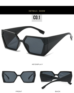 Vue sous trois angles de lunettes de soleil noires géométriques avec faces avant et arrière