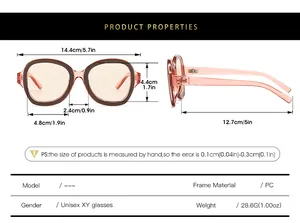 Guide des tailles et mesures détaillées pour lunettes de soleil carrées Y2K en PC
