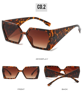 Détails de lunettes de soleil carrées en écaille avec verres dégradés marrons sous plusieurs angles