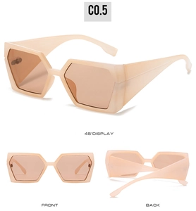 Trois vues montrant des lunettes de soleil beiges rectangulaires de face, de côté et de dos