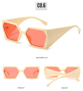 Vue détaillée des lunettes de soleil rectangulaires crème avec verres orange face et dos