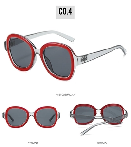 Vue détaillée en trois angles des lunettes de soleil Y2K bicolores rouge et transparent