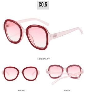 Vue sous trois angles de lunettes Y2K avec verres dégradés roses et monture rouge