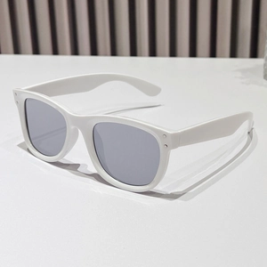 White square frame sunglasses with purple translucent lenses and silver rivet details