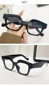 Detail view of bold black geometric sunglasses featuring high-gloss frame and thick temples