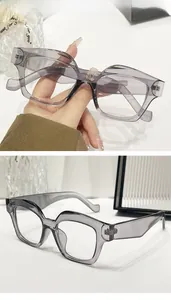 Detail view of translucent grey-purple polygonal sunglasses frames with modern design
