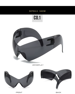 Three-way view of Y2K wraparound cat-eye sunglasses in translucent dark grey frame