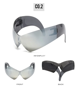 Three-angle views of futuristic Y2K cat-eye shield sunglasses with silver mirrored lenses