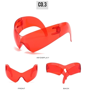Three-angle view showing front, back, and side of red translucent Y2K cat eye sunglasses