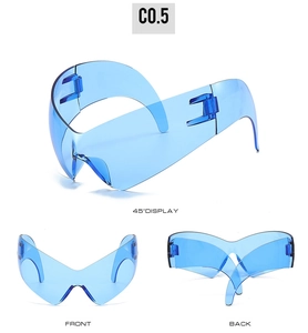 Three-angle display of blue Y2K cat-eye sunglasses with wrap-around shield design