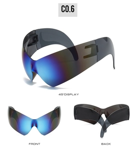 Three views of wrap-around Y2K sunglasses with blue purple gradient mirror lenses