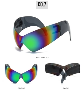 Multi-angle views of Y2K cat-eye sunglasses with rainbow laser lenses and black frames