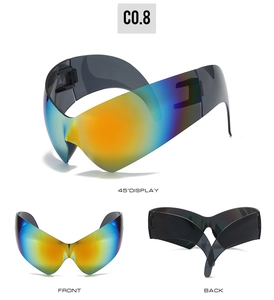 Three views of iridescent wrap-around Y2K cat eye sunglasses showing front and back details