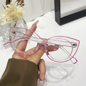 Cat eye glasses frames for women featuring transparent rims and bright pink accents