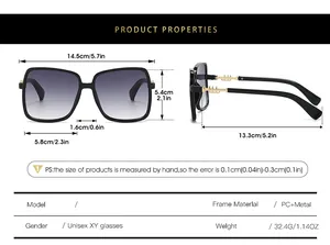 Detailed size chart for oversized square sunglasses showing frame and temple measurements