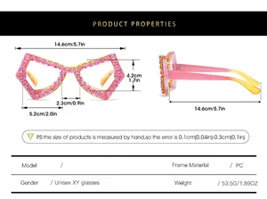 Size chart showing dimensions of butterfly rhinestone oversized fashion sunglasses