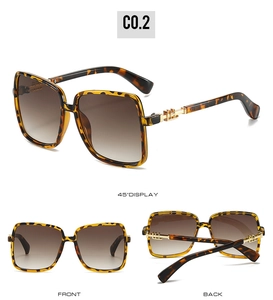 Three-angle view of tortoiseshell square oversized sunglasses with gold temple accents