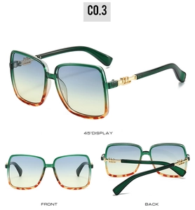 Detailed views of oversized green and tortoiseshell square sunglasses with blue-yellow gradient lenses