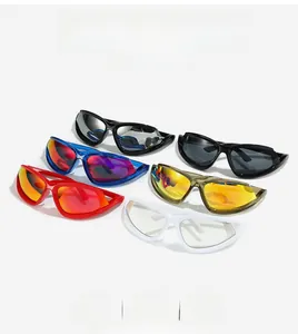 Detailed view of colorful Y2K cat-eye sports sunglasses with mirrored coating lenses
