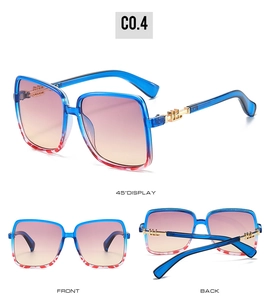 Detailed multi-angle views of square sunglasses with blue-red gradient frames and gold metal trim