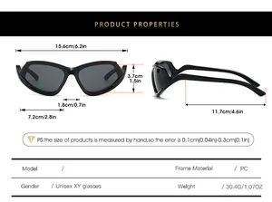 Size chart showing dimensions for Cat Eye Y2K sports sunglasses in PC material