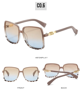 Three views of square sunglasses featuring tea-blue gradient lenses and tortoiseshell frame