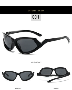 Three perspectives of Y2K cat-eye sunglasses with futuristic black geometric frames