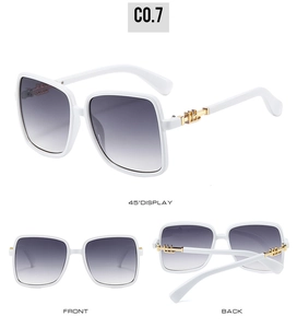 Detailed views of white square oversized sunglasses with gold geometric temple accents