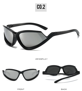 Three-way view of black Y2K cat-eye sunglasses with gray lenses and geometric frames