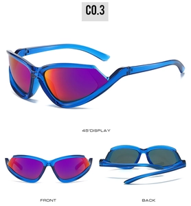 Three-way view of Y2K sports sunglasses with blue frames and iridescent purple lenses