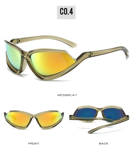 Futuristic Y2K cat eye sports sunglasses with orange gradient mirror lenses and olive frame