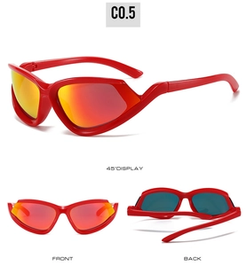 Front and back views of sporty cat-eye sunglasses with red mirrored lenses and frame