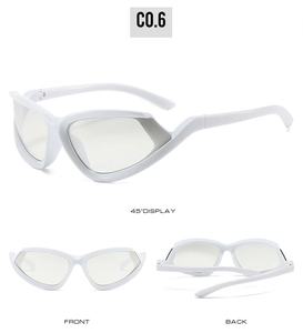 Three-angle view of white Y2K cat-eye sunglasses with sleek futuristic sports design