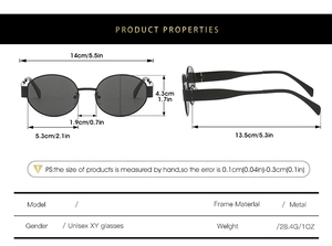 Detailed size chart and dimensions of unisex oval metal sunglasses with black lenses