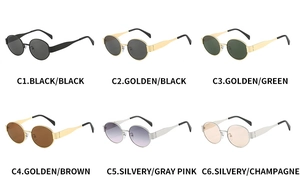 Detailed grid showing six stylish color variations of retro metal oval sunglasses frames