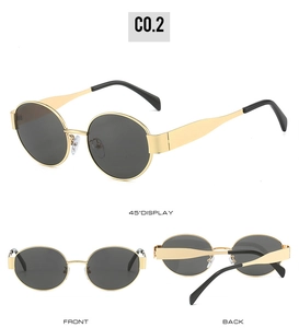 Three-way view of gold oval metal sunglasses with dark grey lenses and black ear tips