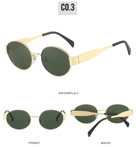 Three views of retro oval sunglasses with gold metal frame and dark green lenses